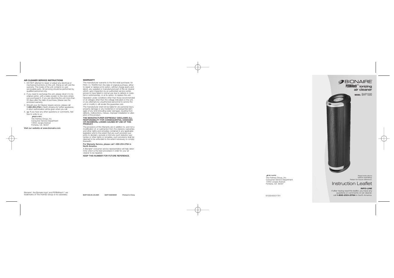 BIONAIRE BAP1500 User Manual | 2 pages