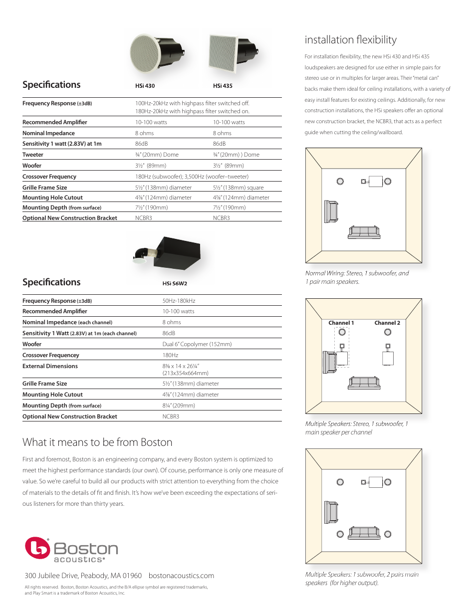 Installation fl exibility, What it means to be from boston, Specifi cations | Boston Acoustics HSi 435 User Manual | Page 2 / 2