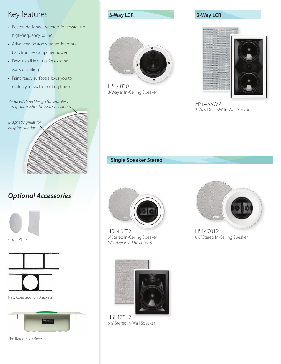 Key features, Optional accessories | Boston Acoustics HSi Series HSi 250 User Manual | Page 2 / 4