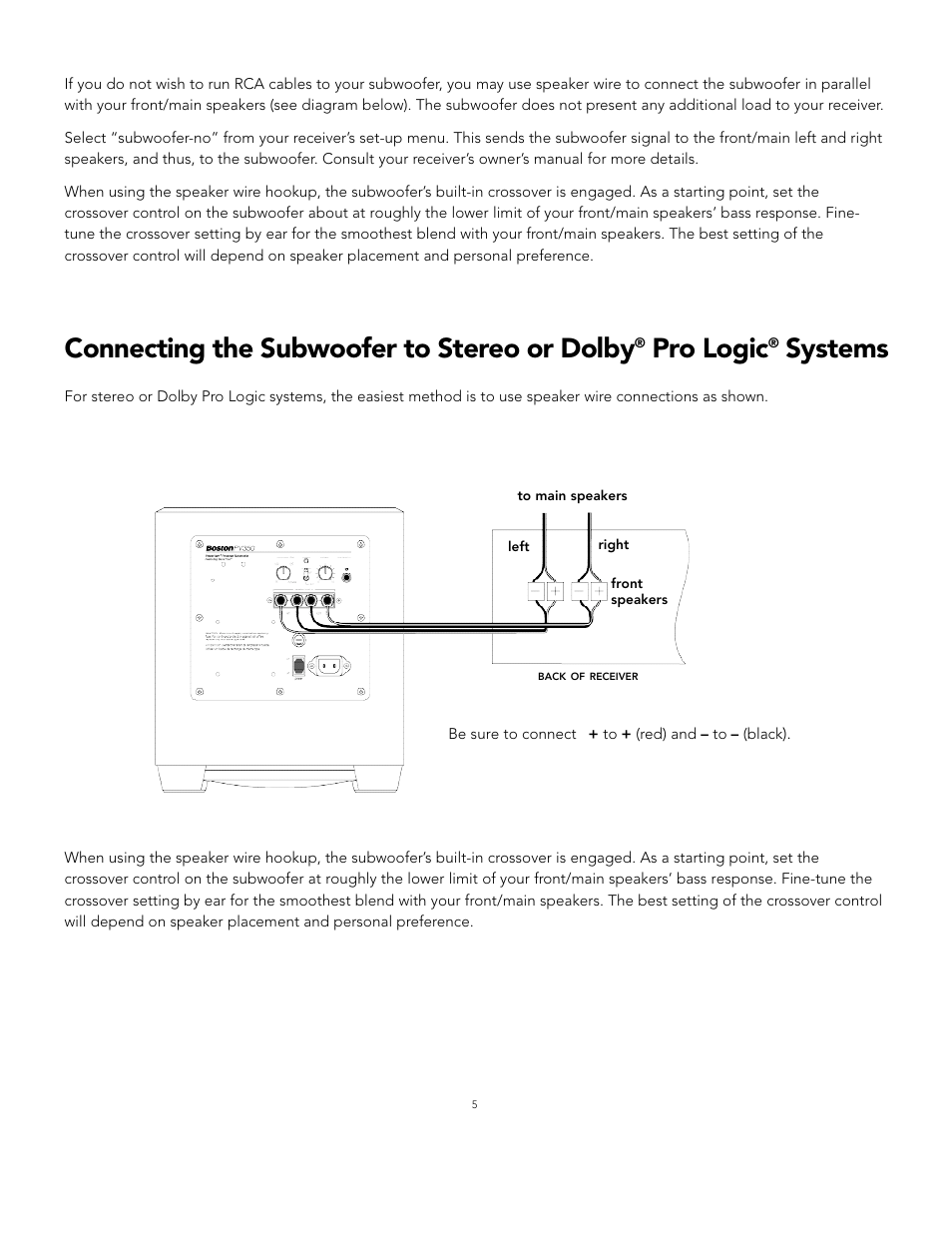 Connecting the subwoofer to stereo or dolby, P ro logic | Boston Acoustics PV350 User Manual | Page 5 / 9