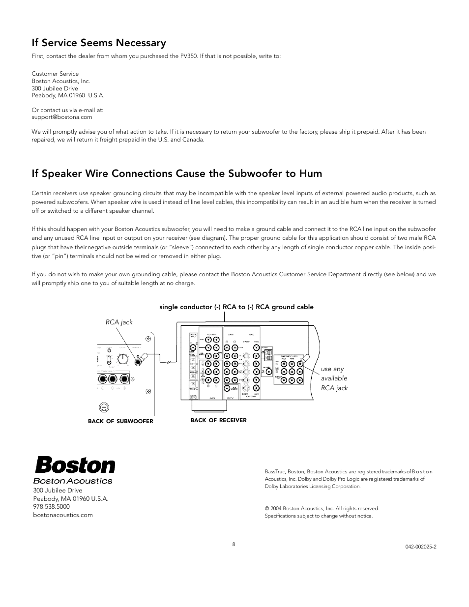 If service seems necessary | Boston Acoustics PV350 User Manual | Page 8 / 9