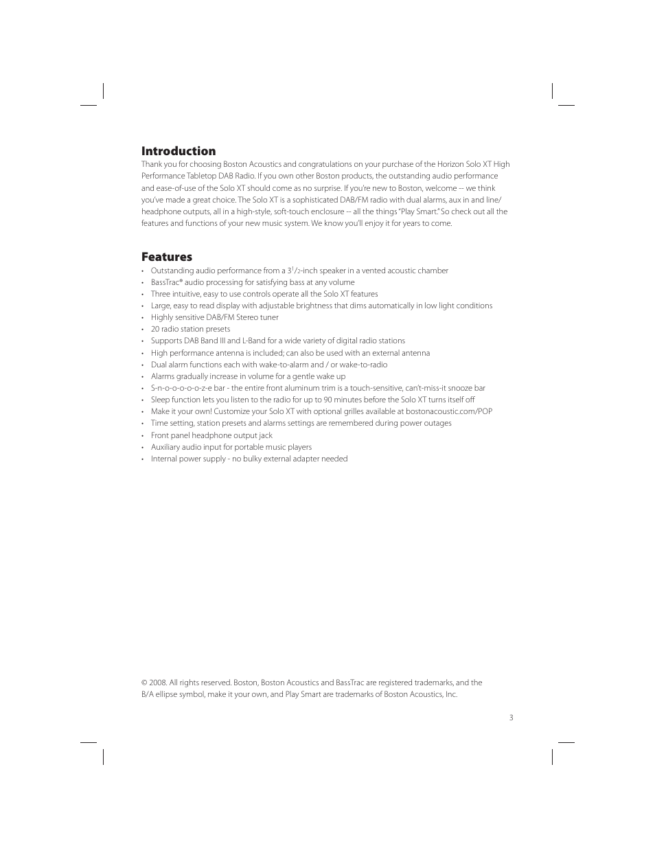Introduction, Features | Boston Acoustics Horizon Solo User Manual | Page 3 / 88