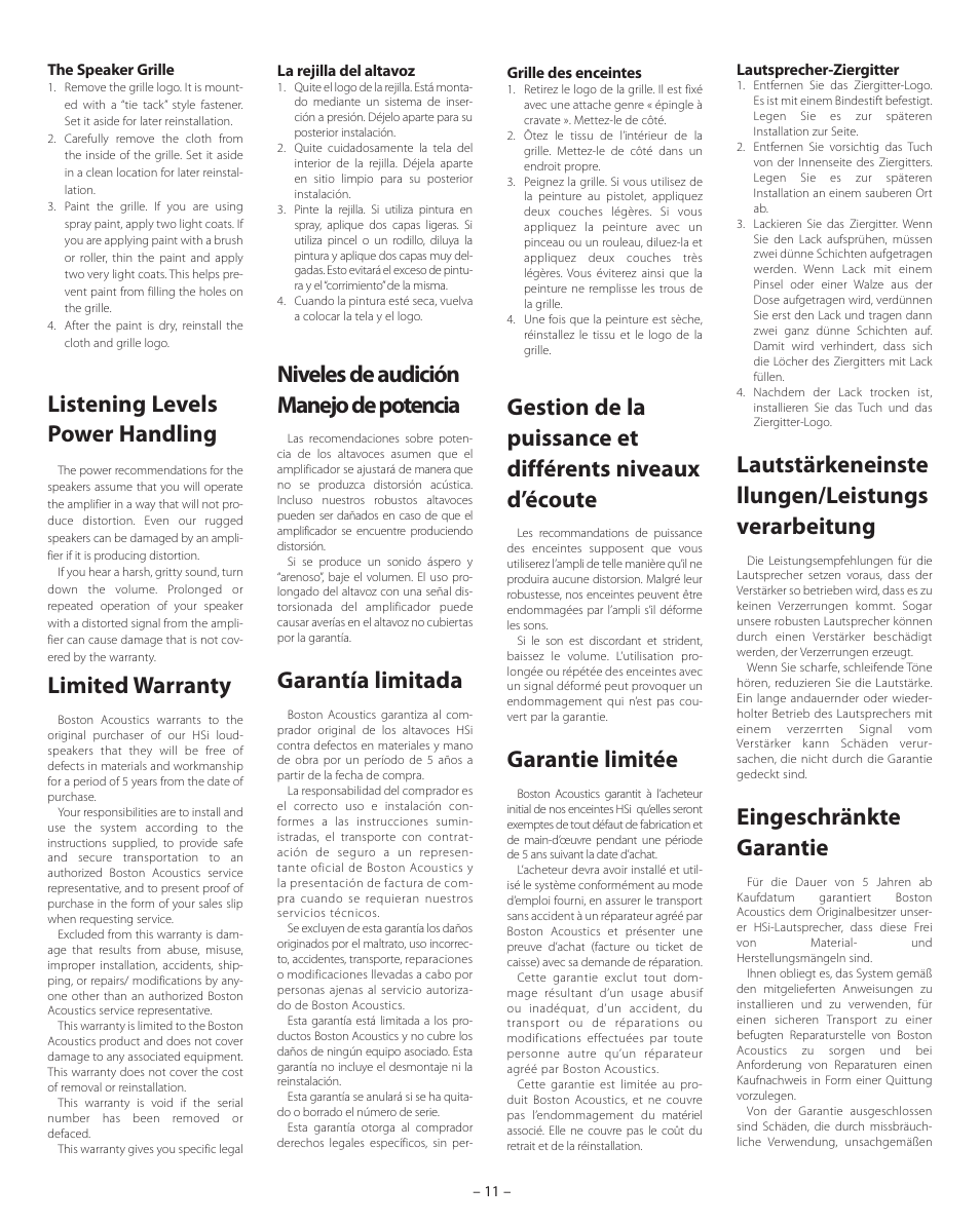 Listening levels power handling, Limited warranty, Niveles de audición manejo de potencia | Garantía limitada, Garantie limitée, Lautstärkeneinste llungen/leistungs verarbeitung, Eingeschränkte garantie | Boston Acoustics HSi 480 User Manual | Page 11 / 12