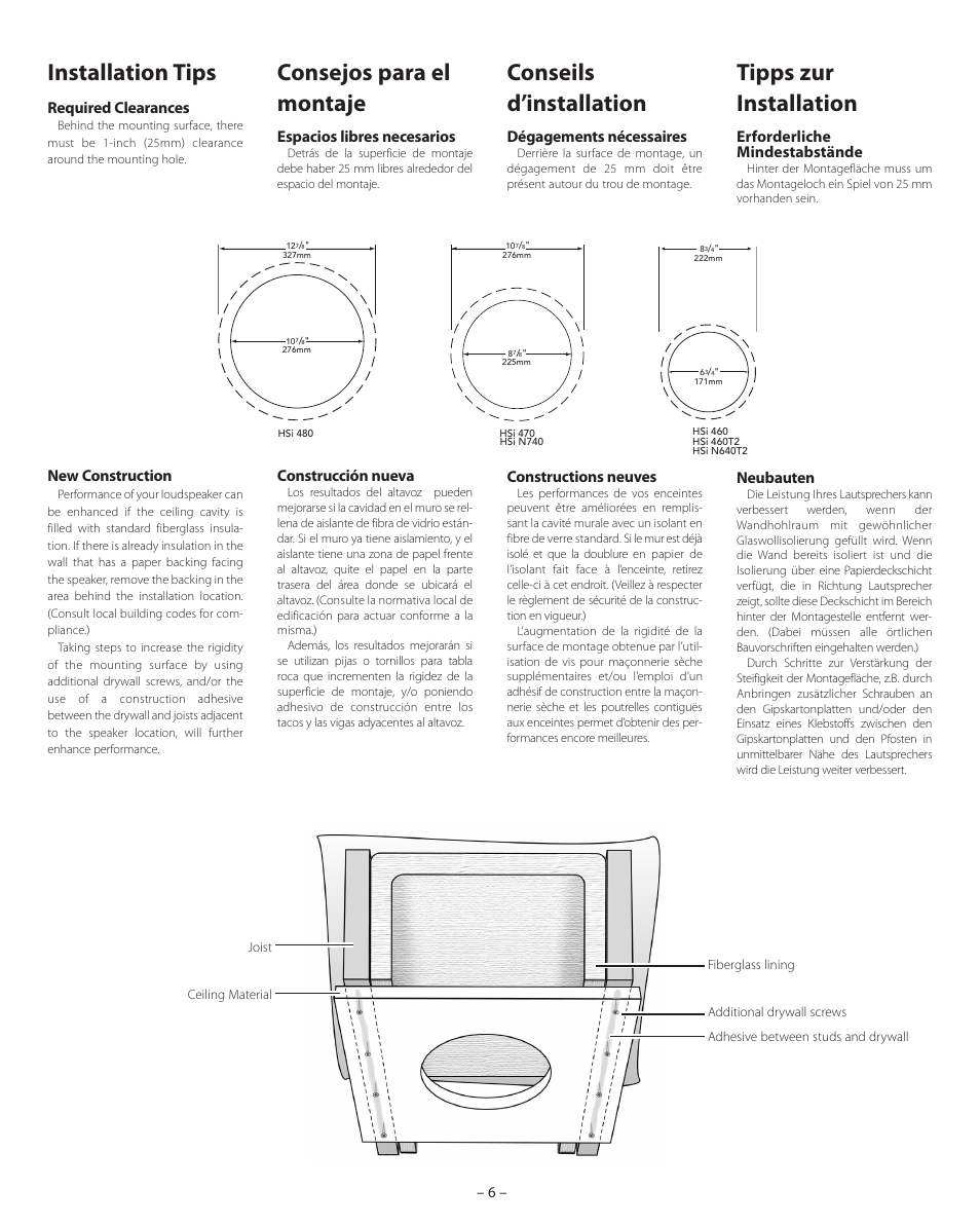 Installation tips, Consejos para el montaje, Conseils d’installation | Tipps zur installation, New construction, Construcción nueva, Constructions neuves, Neubauten, Required clearances, Espacios libres necesarios | Boston Acoustics HSi 480 User Manual | Page 6 / 12