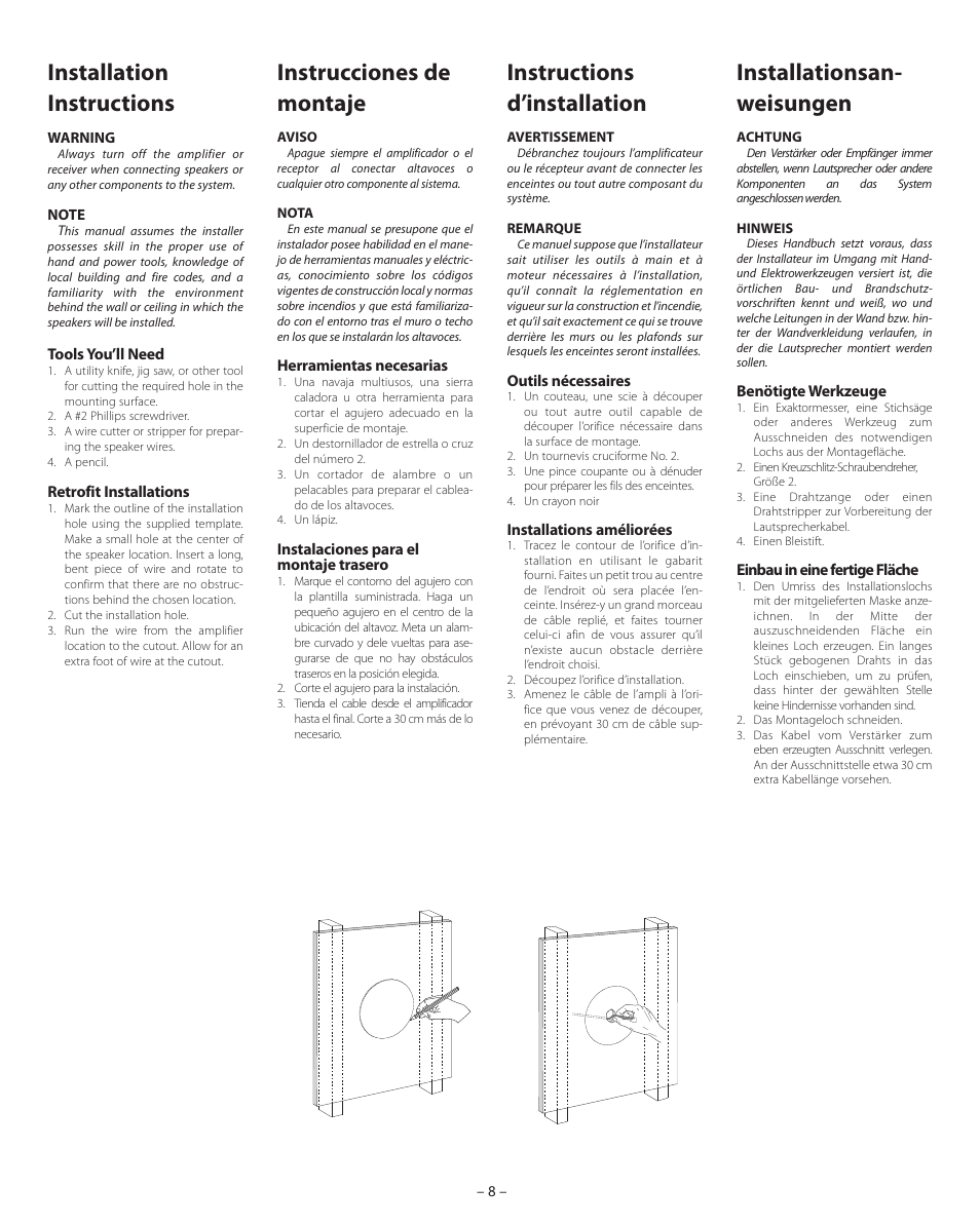 Installation instructions, Instrucciones de montaje, Instructions d’installation | Installationsan- weisungen | Boston Acoustics HSi 480 User Manual | Page 8 / 12