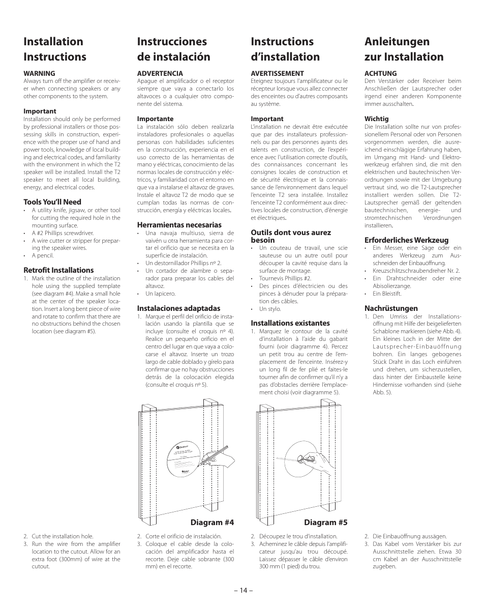 Installation instructions, Instrucciones de instalación, Instructions d’installation | Anleitungen zur installation | Boston Acoustics VSi 580T2 User Manual | Page 14 / 21