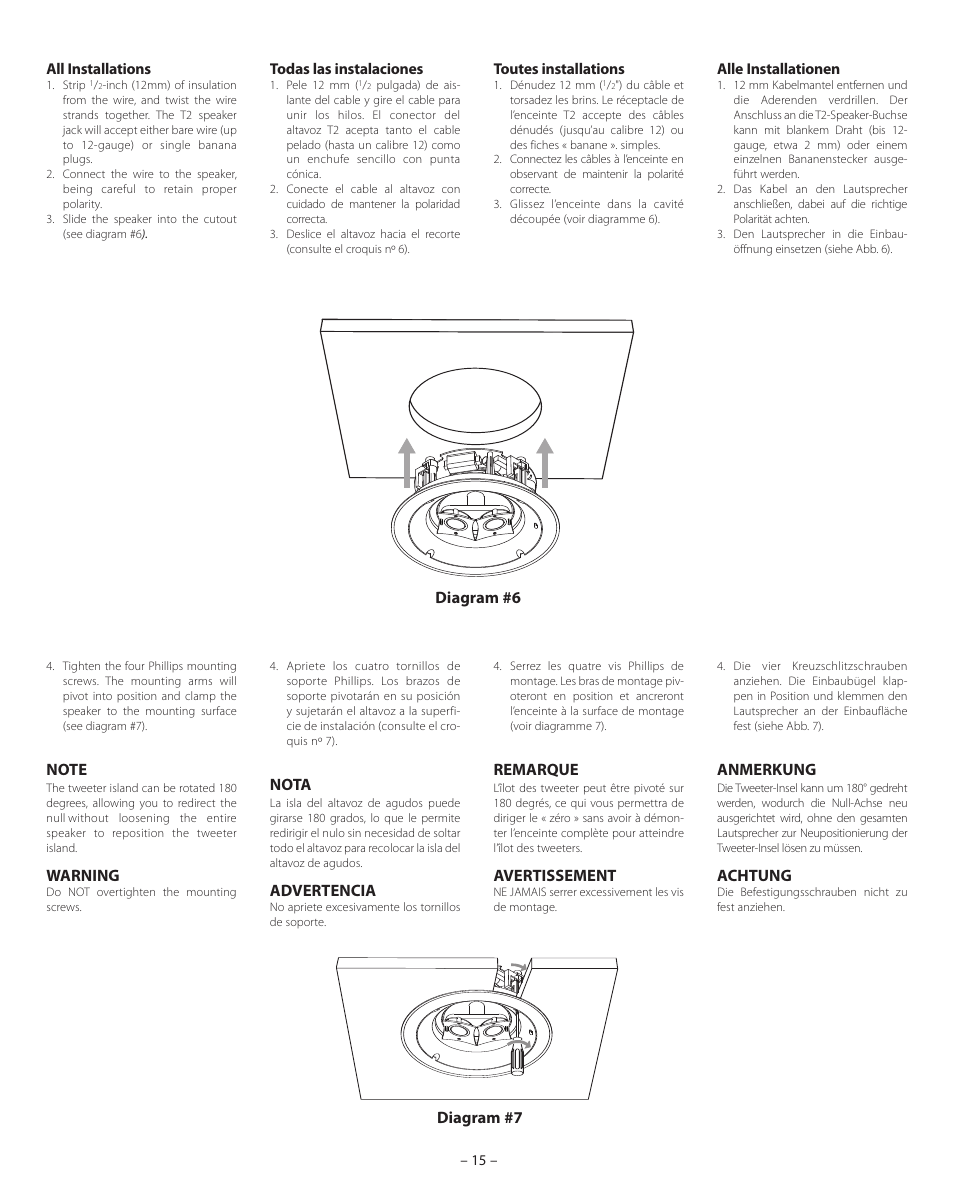 Warning, Nota, Advertencia | Remarque, Avertissement, Anmerkung, Achtung, Diagram #6 diagram #7 | Boston Acoustics VSi 580T2 User Manual | Page 15 / 21