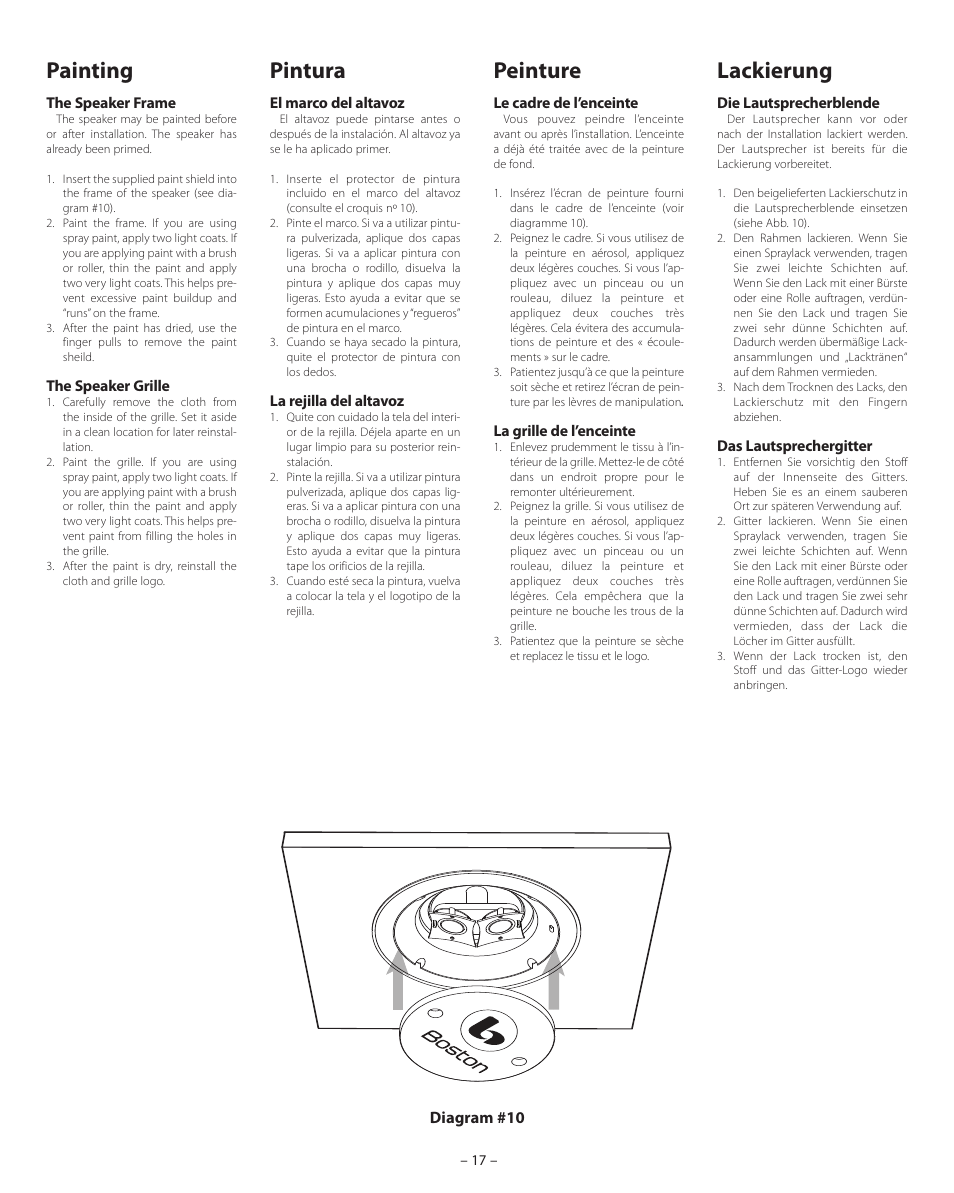 Painting, Pintura, Peinture | Lackierung | Boston Acoustics VSi 580T2 User Manual | Page 17 / 21