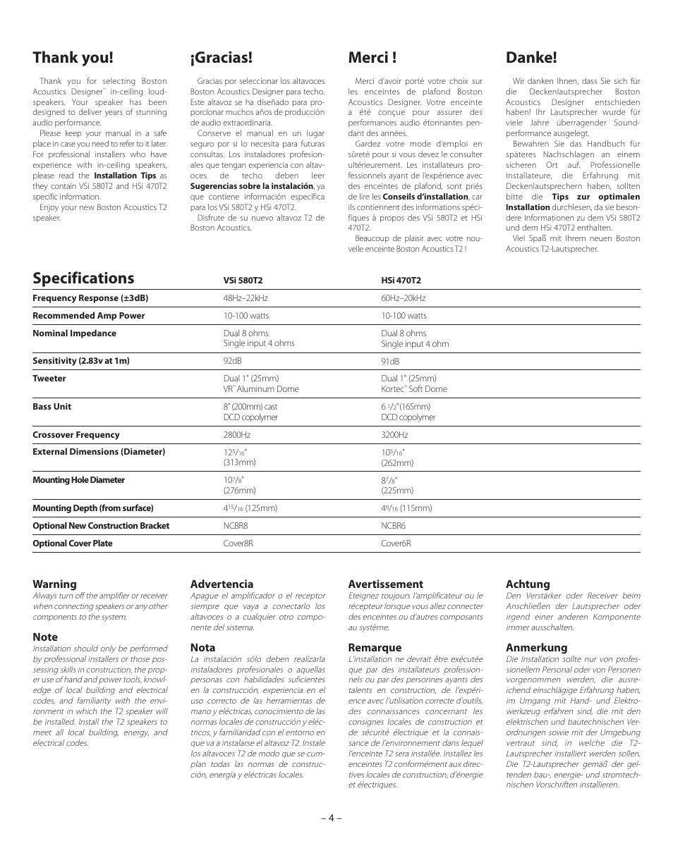 Specifications, Gracias, Merci | Danke | Boston Acoustics VSi 580T2 User Manual | Page 4 / 21