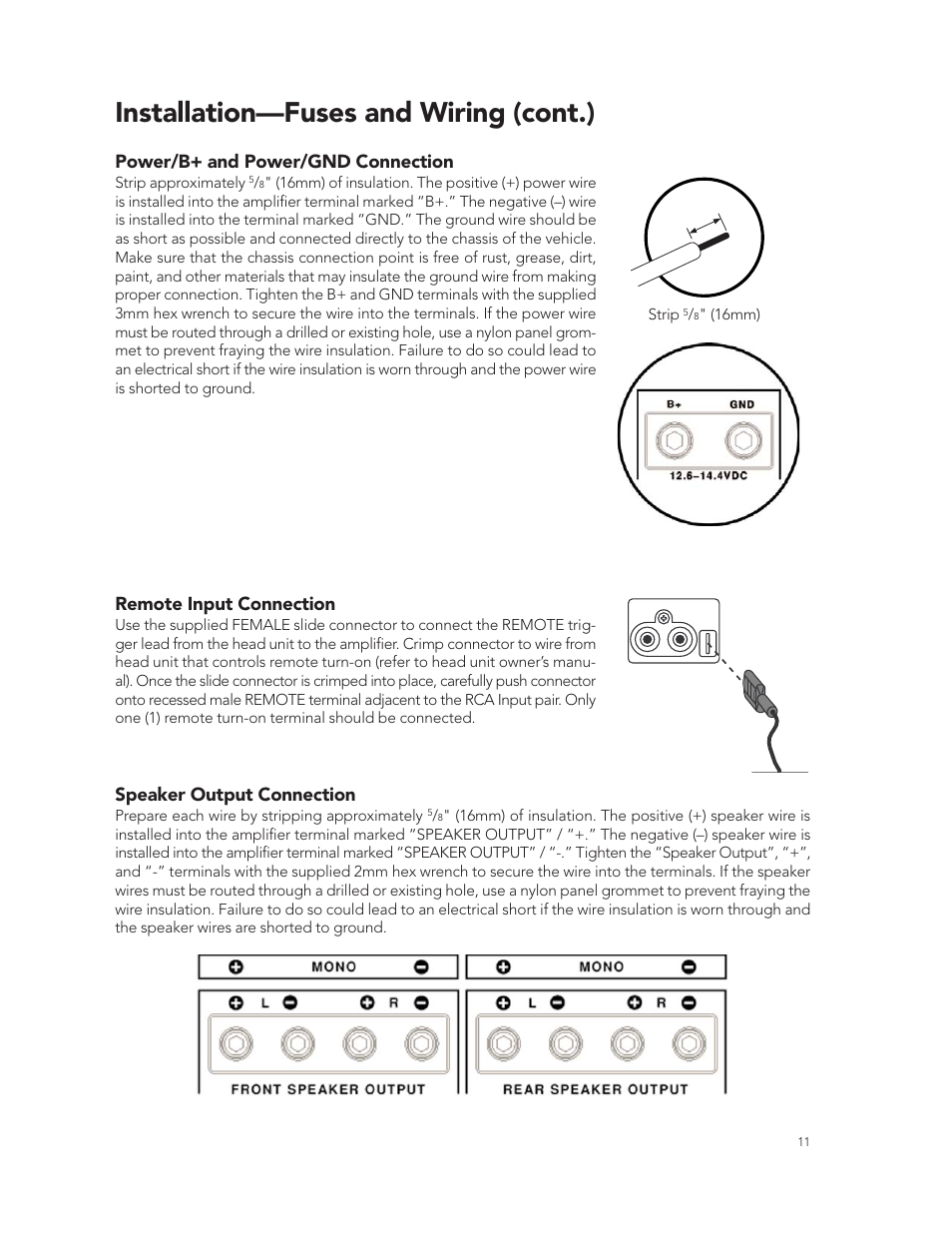 Installation—fuses and wiring (cont.), Power/b+ and power/gnd connection, Remote input connection | Speaker output connection | Boston Acoustics GT-424-Channel User Manual | Page 11 / 19