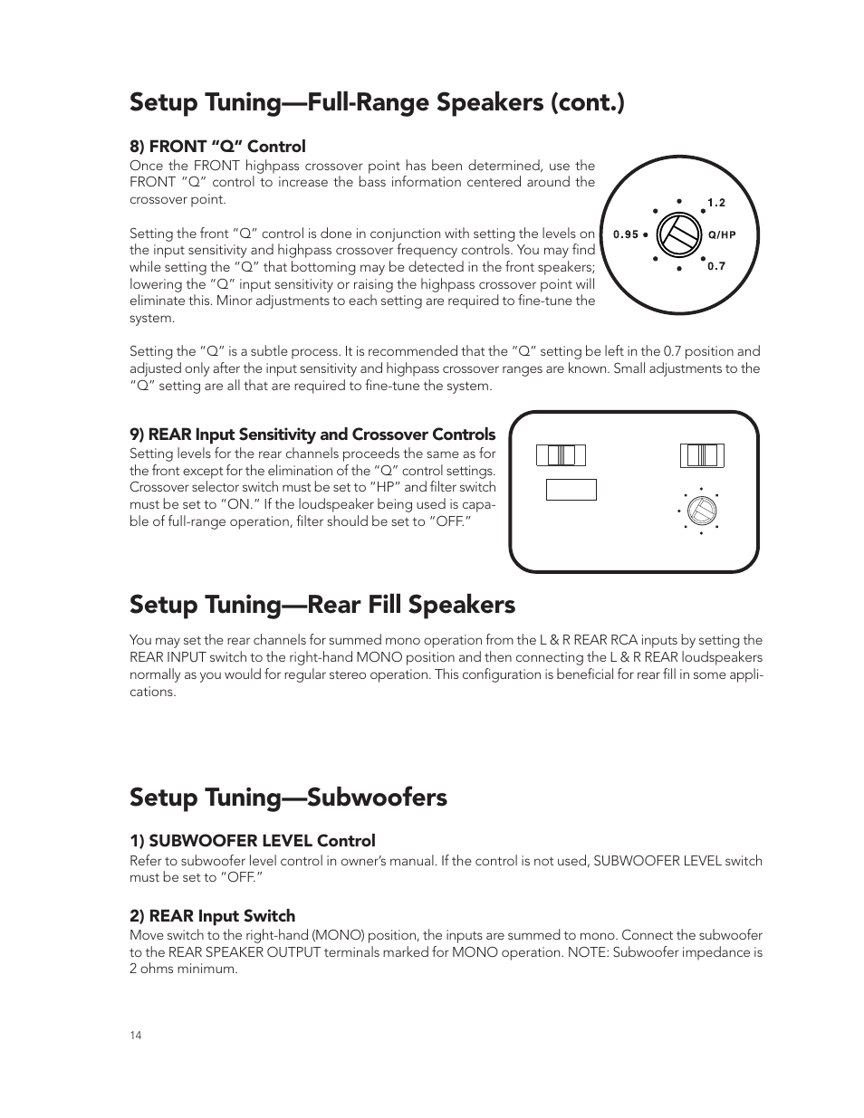 Setup tuning—full-range speakers (cont.), Setup tuning—rear fill speakers, Setup tuning—subwoofers | 8) front “q” control, 9) rear input sensitivity and crossover controls, 1) subwoofer level control, 2) rear input switch | Boston Acoustics GT-424-Channel User Manual | Page 14 / 19