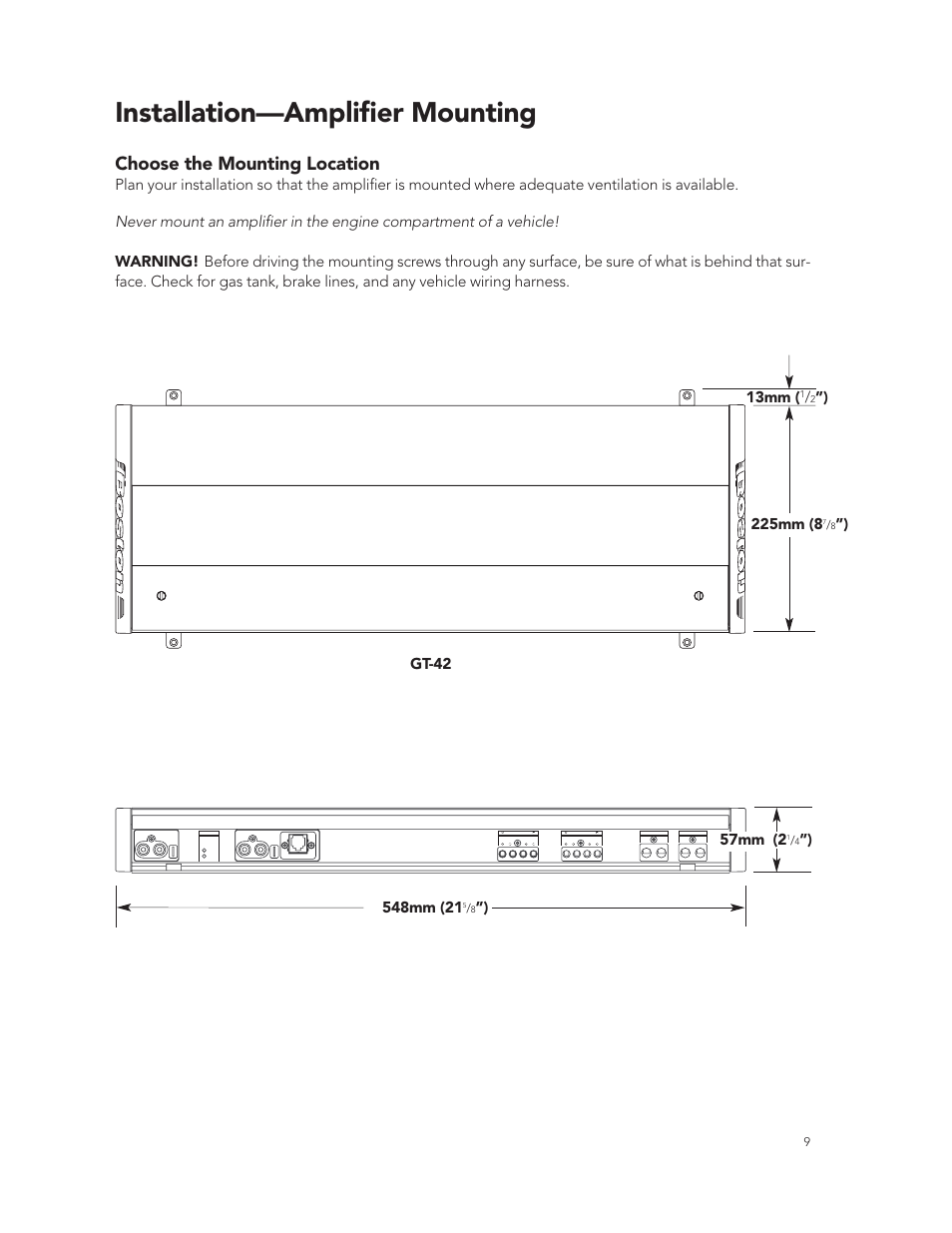 Installation—amplifier mounting, Choose the mounting location, 13mm | 225mm (8, Gt-42, 57mm (2 | Boston Acoustics GT-424-Channel User Manual | Page 9 / 19