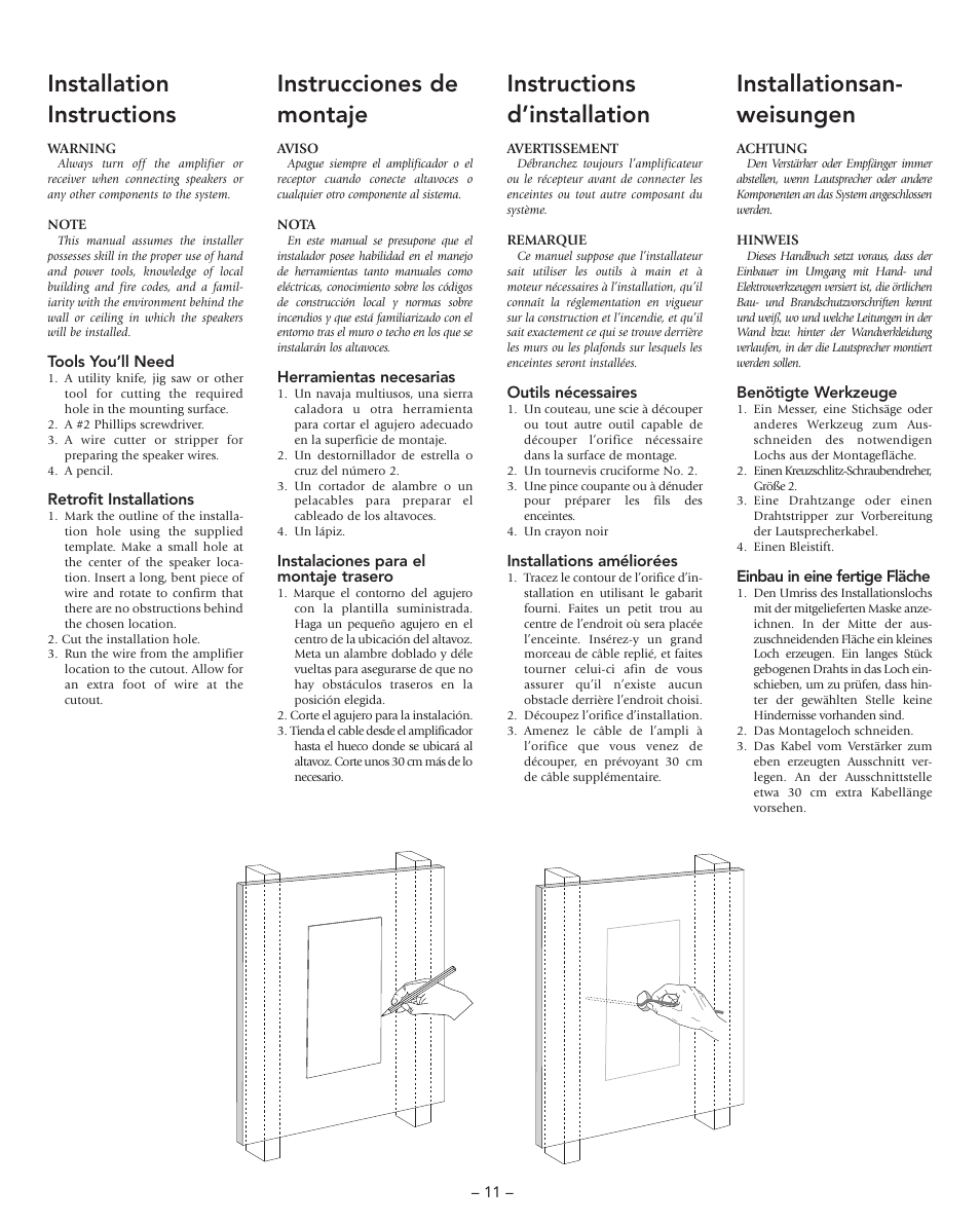 Installation instructions, Instrucciones de montaje, Instructions d’installation | Installationsan- weisungen | Boston Acoustics VRi793 User Manual | Page 11 / 16