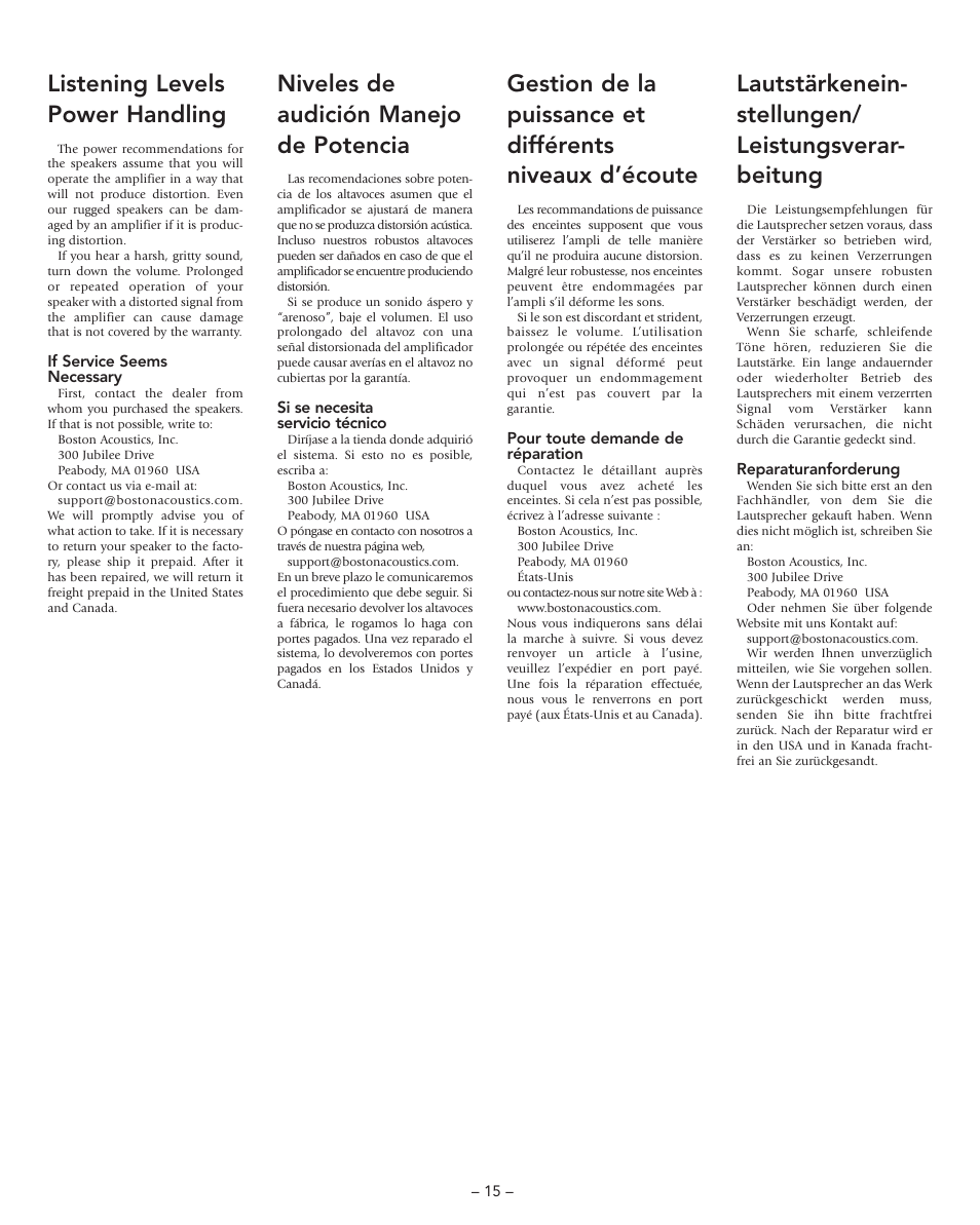 Listening levels power hand, Listening levels power handling, Niveles de audición manejo de potencia | Boston Acoustics VRi793 User Manual | Page 15 / 16