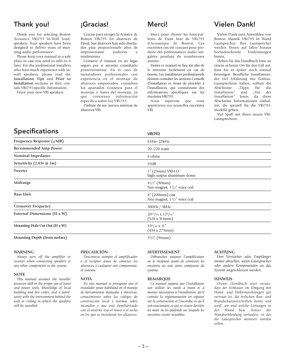 Thank you, Specifications, Gracias | Merci, Vielen dank | Boston Acoustics VRi793 User Manual | Page 3 / 16