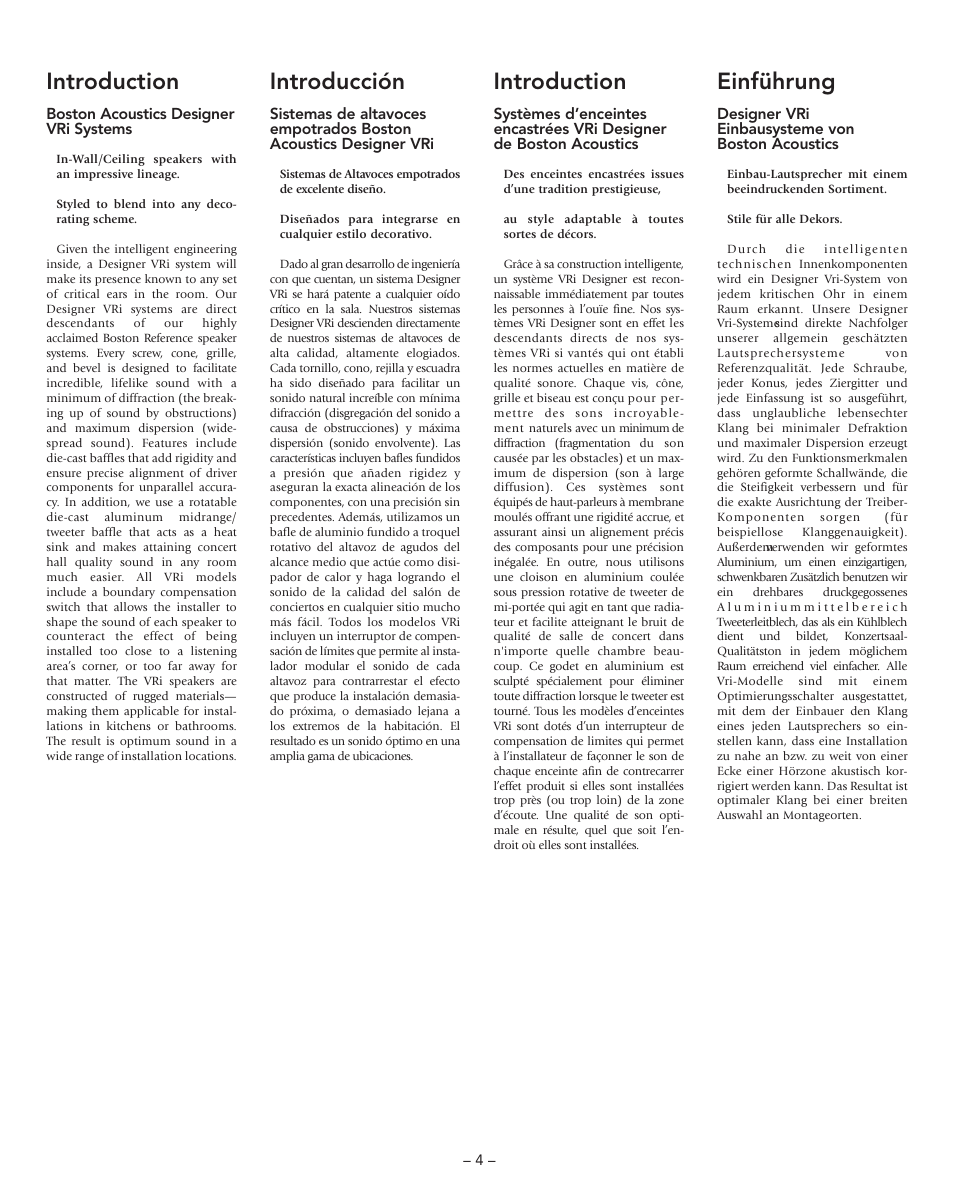 Introduction, Einführung, Introducción | Boston Acoustics VRi793 User Manual | Page 4 / 16