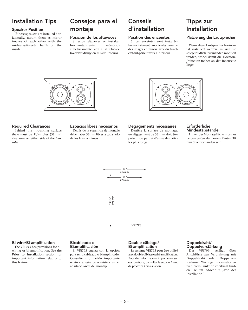 Installation tips, Tipps zur installation, Conseils d’installation | Consejos para el montaje | Boston Acoustics VRi793 User Manual | Page 6 / 16