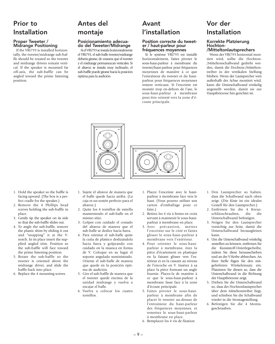 Prior to installation, Antes del montaje, Avant l’installation | Vor der installation | Boston Acoustics VRi793 User Manual | Page 9 / 16