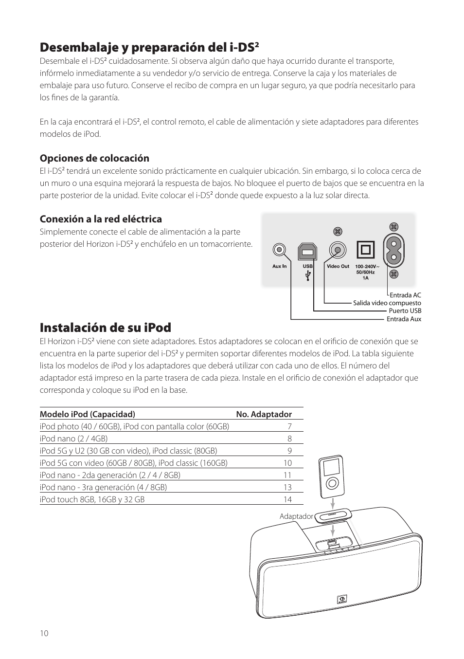 Desembalaje y preparación del i-ds, Instalación de su ipod, Opciones de colocación | Conexión a la red eléctrica | Boston Acoustics Horizon i-DS2 User Manual | Page 10 / 41