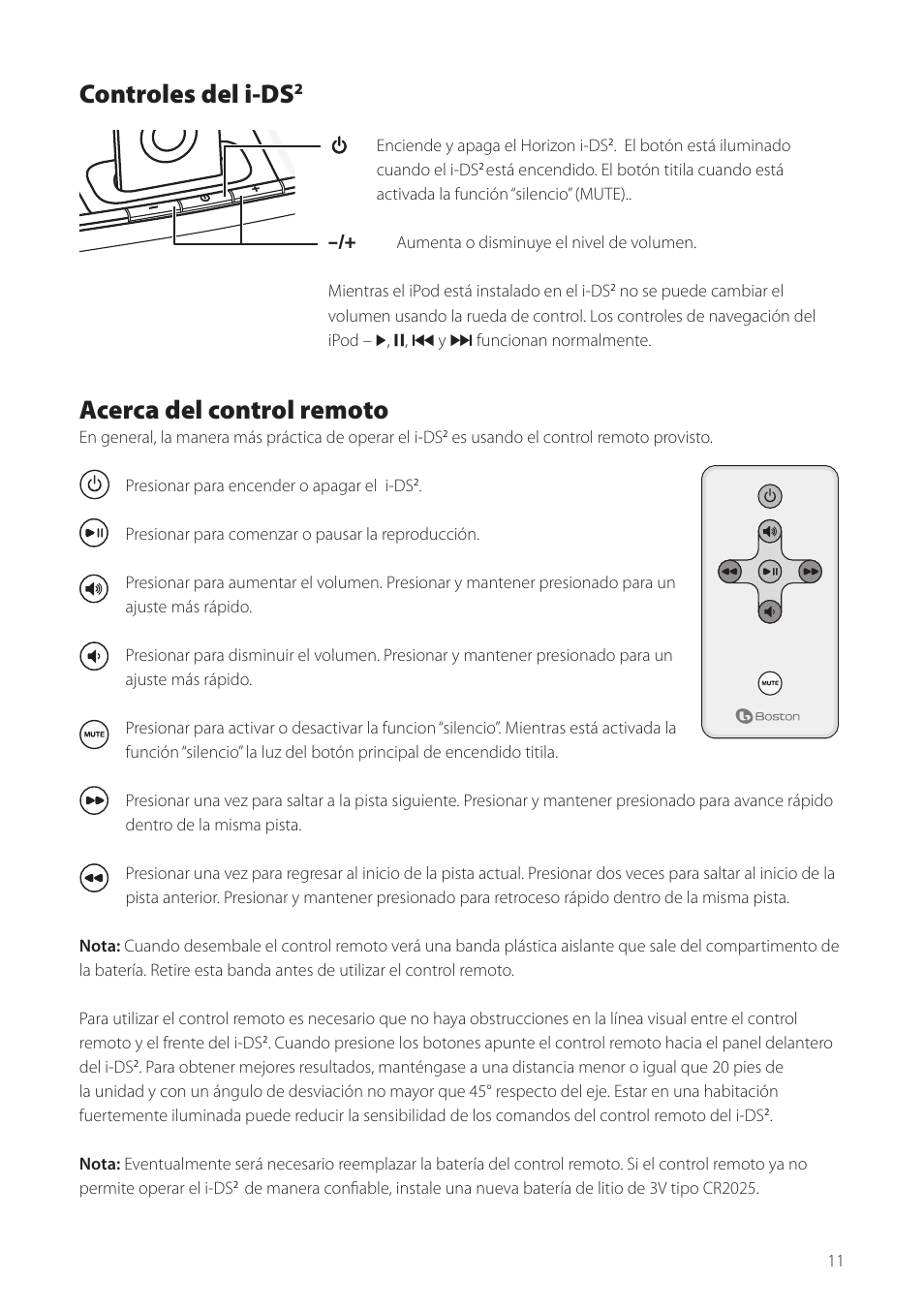 Controles del i-ds, Acerca del control remoto | Boston Acoustics Horizon i-DS2 User Manual | Page 11 / 41