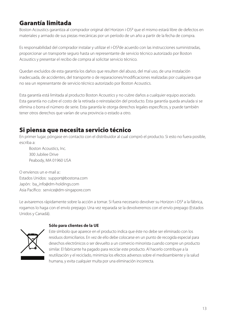 Garantía limitada, Si piensa que necesita servicio técnico | Boston Acoustics Horizon i-DS2 User Manual | Page 13 / 41