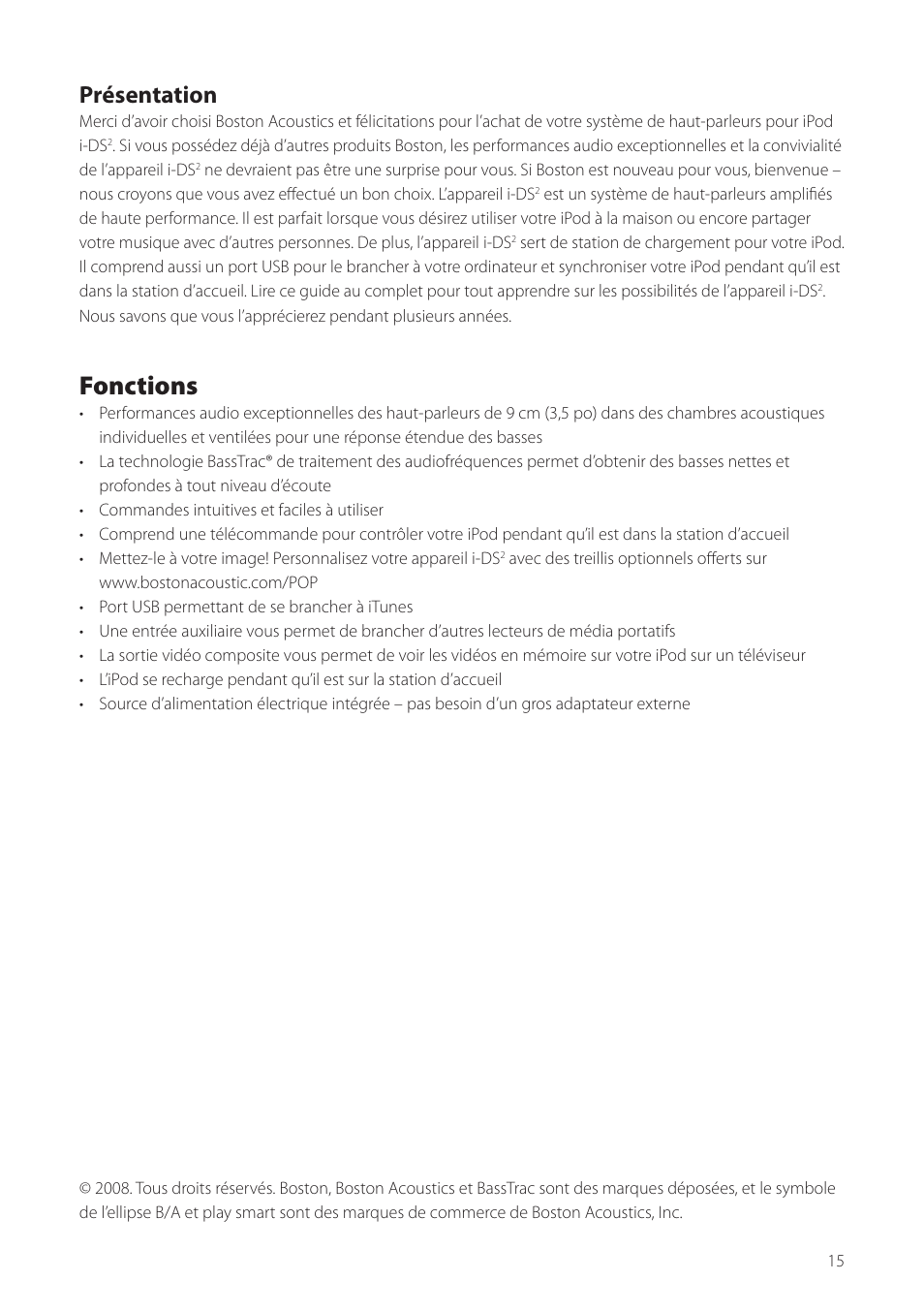 Fonctions, Présentation | Boston Acoustics Horizon i-DS2 User Manual | Page 15 / 41