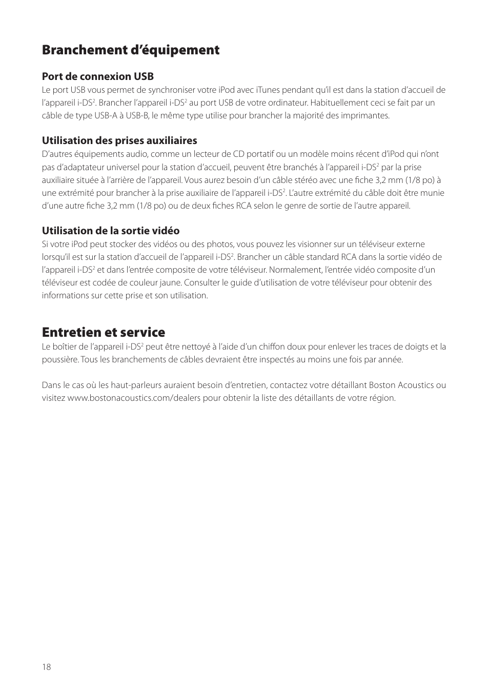 Branchement d’équipement, Entretien et service, Port de connexion usb | Utilisation des prises auxiliaires, Utilisation de la sortie vidéo | Boston Acoustics Horizon i-DS2 User Manual | Page 18 / 41