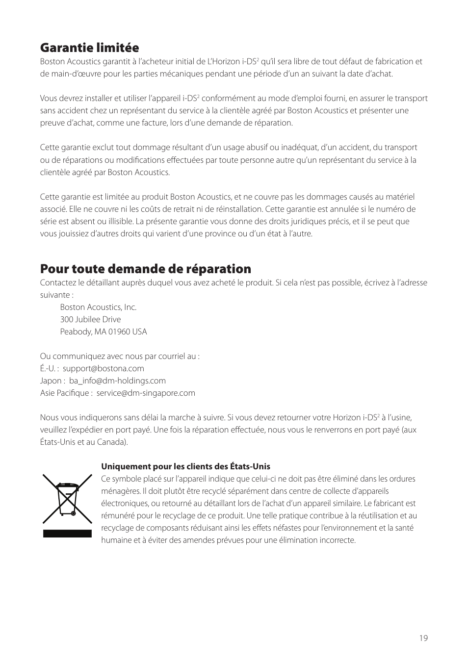 Garantie limitée, Pour toute demande de réparation | Boston Acoustics Horizon i-DS2 User Manual | Page 19 / 41