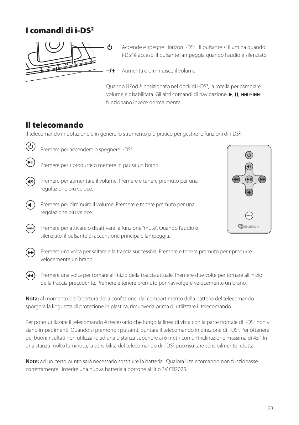 I comandi di i-ds, Il telecomando | Boston Acoustics Horizon i-DS2 User Manual | Page 23 / 41