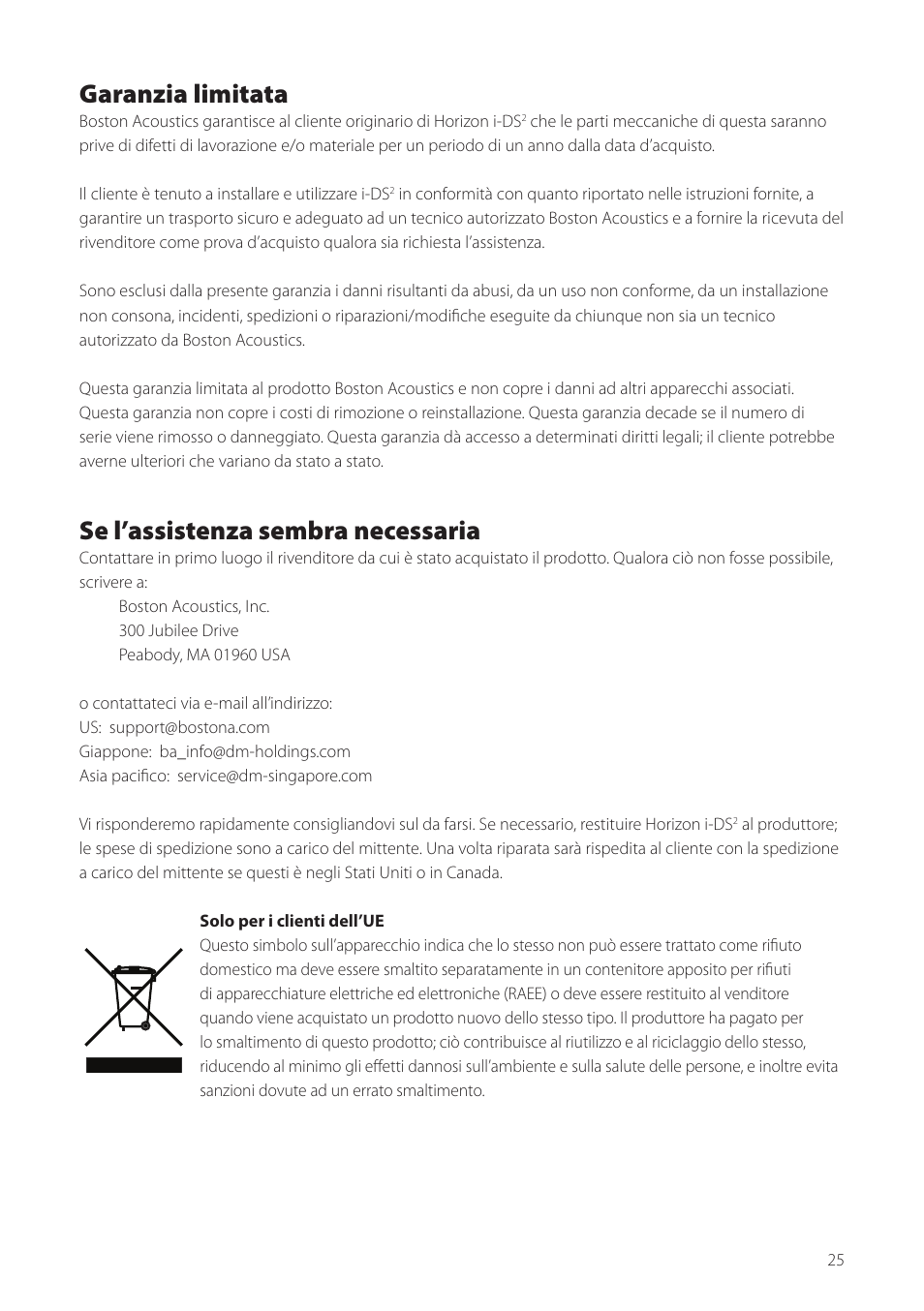 Garanzia limitata, Se l’assistenza sembra necessaria | Boston Acoustics Horizon i-DS2 User Manual | Page 25 / 41