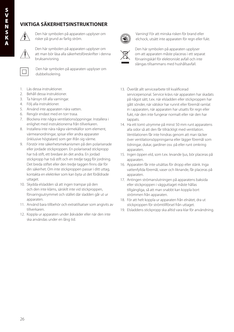 Viktiga säkerhetsinstruktioner | Boston Acoustics Horizon i-DS2 User Manual | Page 26 / 41