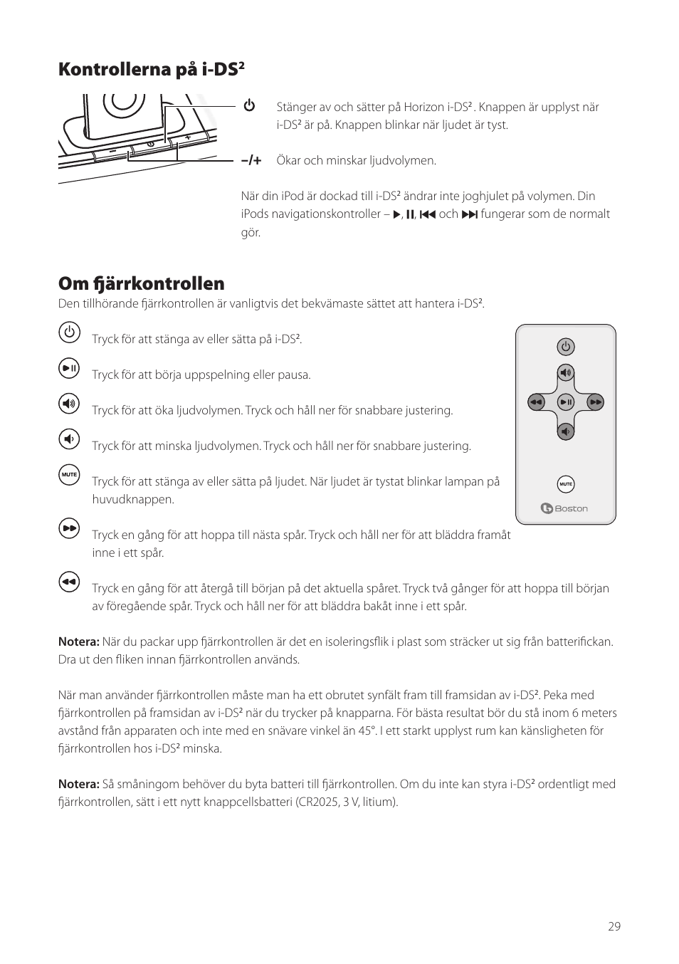 Kontrollerna på i-ds, Om fjärrkontrollen | Boston Acoustics Horizon i-DS2 User Manual | Page 29 / 41