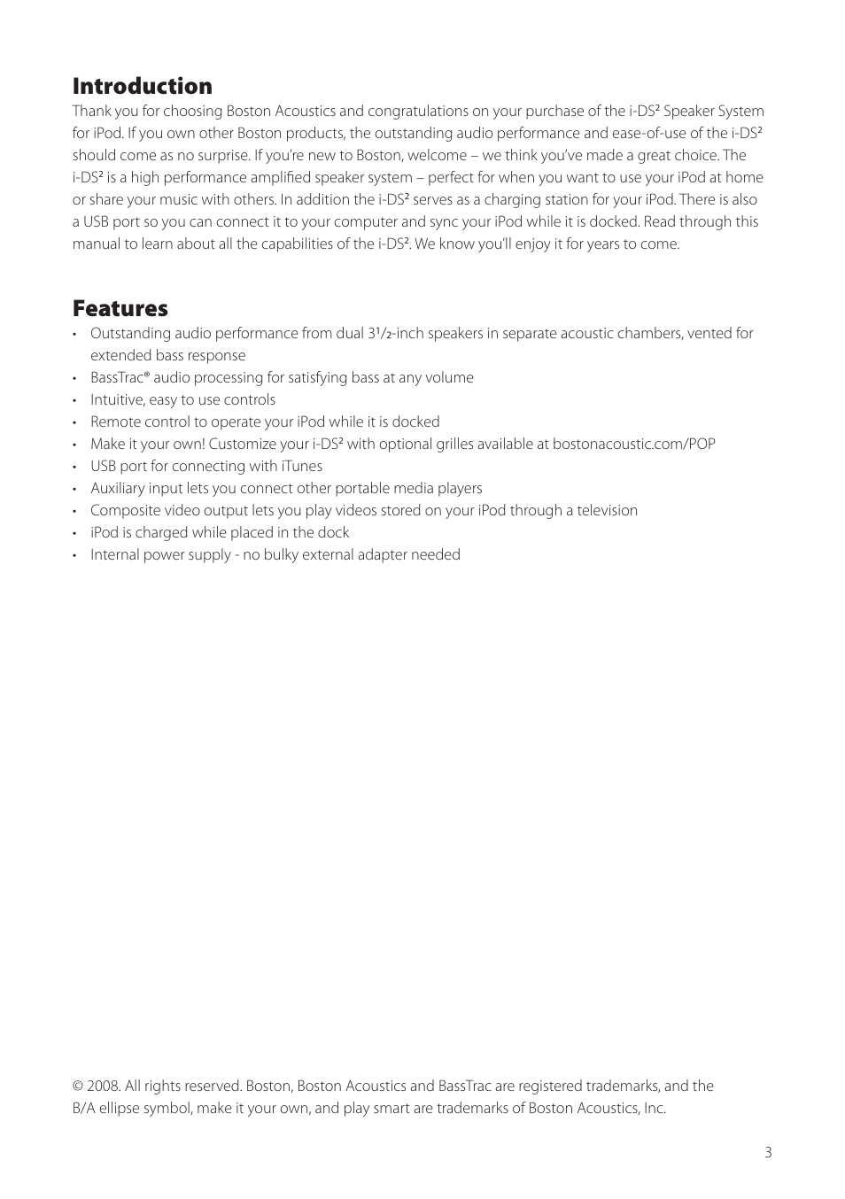 Introduction, Features | Boston Acoustics Horizon i-DS2 User Manual | Page 3 / 41