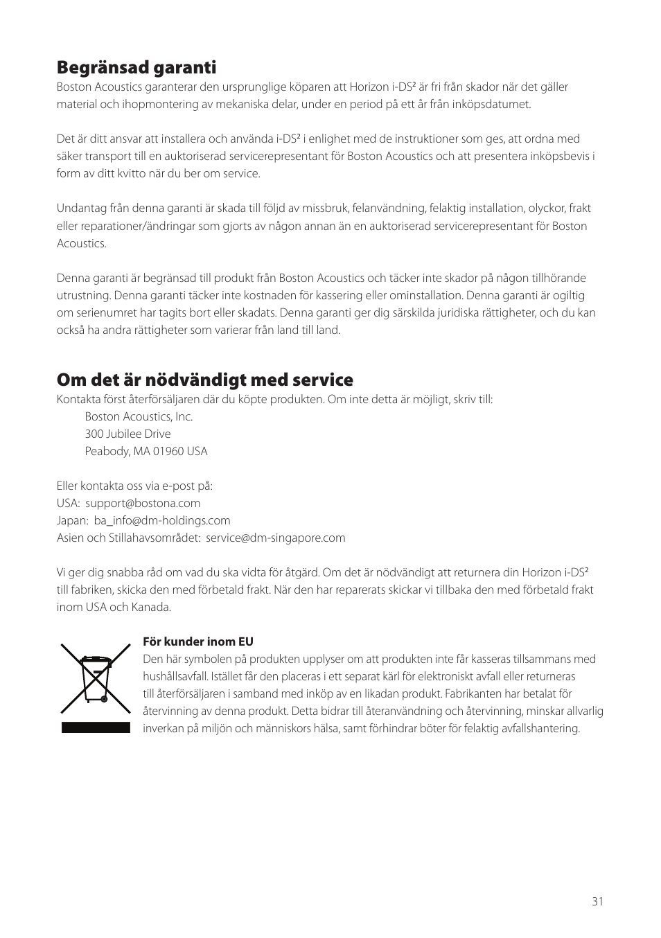 Begränsad garanti, Om det är nödvändigt med service | Boston Acoustics Horizon i-DS2 User Manual | Page 31 / 41