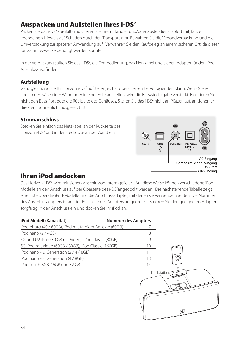 Auspacken und aufstellen ihres i-ds, Ihren ipod andocken, Aufstellung | Stromanschluss | Boston Acoustics Horizon i-DS2 User Manual | Page 34 / 41