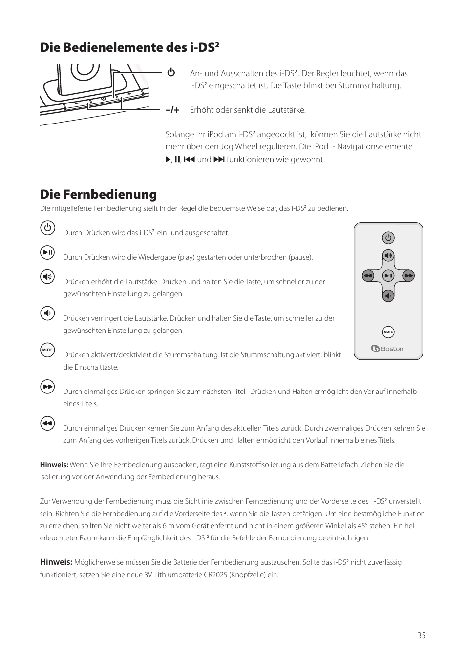 Die bedienelemente des i-ds, Die fernbedienung | Boston Acoustics Horizon i-DS2 User Manual | Page 35 / 41