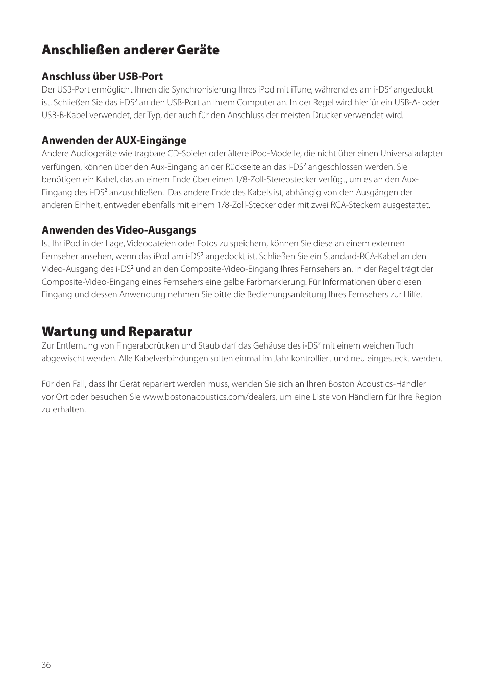 Anschließen anderer geräte, Wartung und reparatur, Anschluss über usb-port | Anwenden der aux-eingänge, Anwenden des video-ausgangs | Boston Acoustics Horizon i-DS2 User Manual | Page 36 / 41