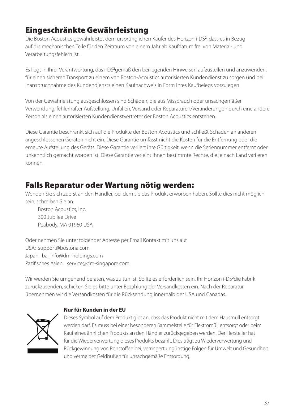 Eingeschränkte gewährleistung, Falls reparatur oder wartung nötig werden | Boston Acoustics Horizon i-DS2 User Manual | Page 37 / 41