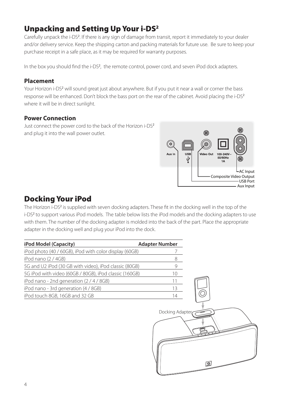 Unpacking and setting up your i-ds, Docking your ipod, Placement | Power connection | Boston Acoustics Horizon i-DS2 User Manual | Page 4 / 41