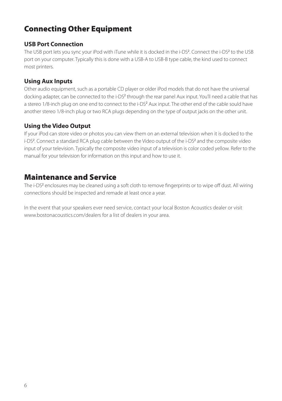 Connecting other equipment, Maintenance and service, Usb port connection | Using aux inputs, Using the video output | Boston Acoustics Horizon i-DS2 User Manual | Page 6 / 41