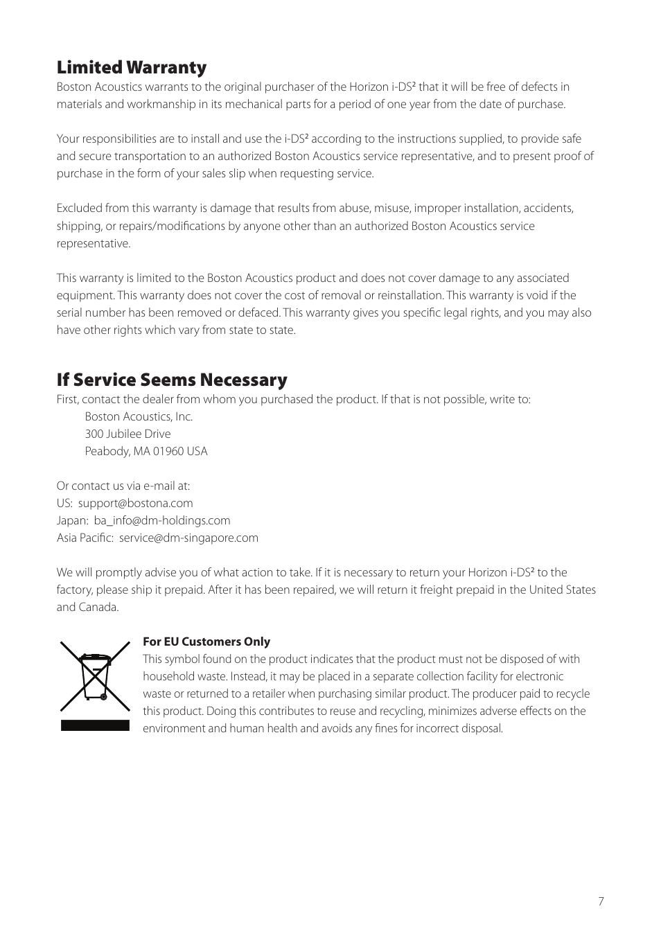 Limited warranty, If service seems necessary | Boston Acoustics Horizon i-DS2 User Manual | Page 7 / 41