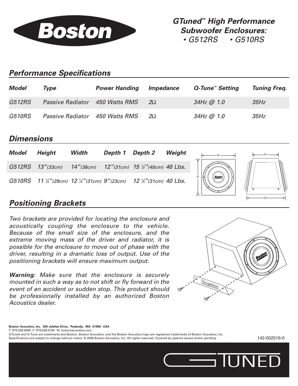 Performance specifications dimensions gtuned, Positioning brackets | Boston Acoustics GTuned G510RS User Manual | Page 2 / 2
