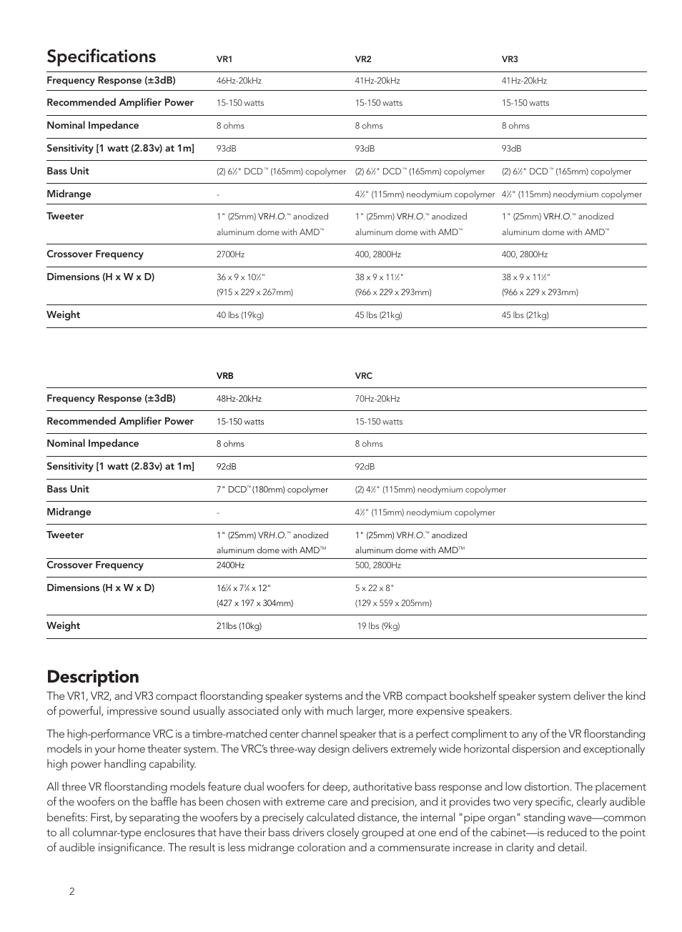 Description, Specifications | Boston Acoustics VRC User Manual | Page 2 / 8