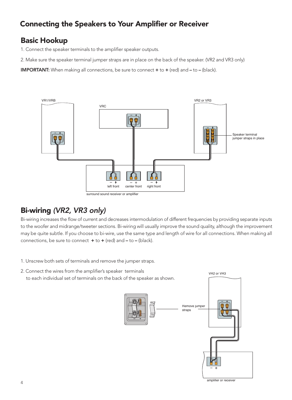 Basic hookup, Bi-wiring (vr2, vr3 only) | Boston Acoustics VRC User Manual | Page 4 / 8