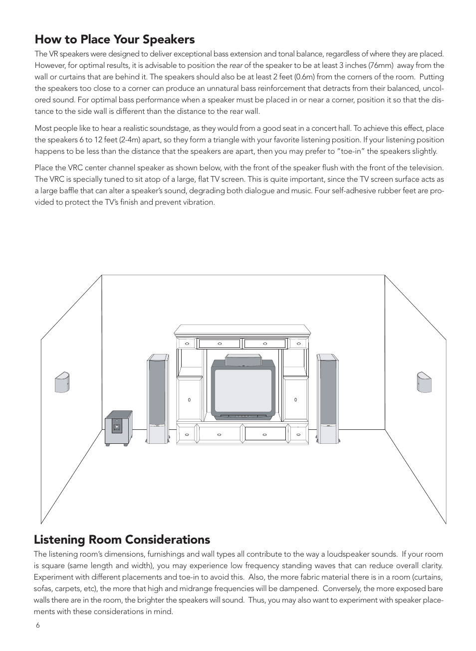 How to place your speakers, Listening room considerations | Boston Acoustics VRC User Manual | Page 6 / 8