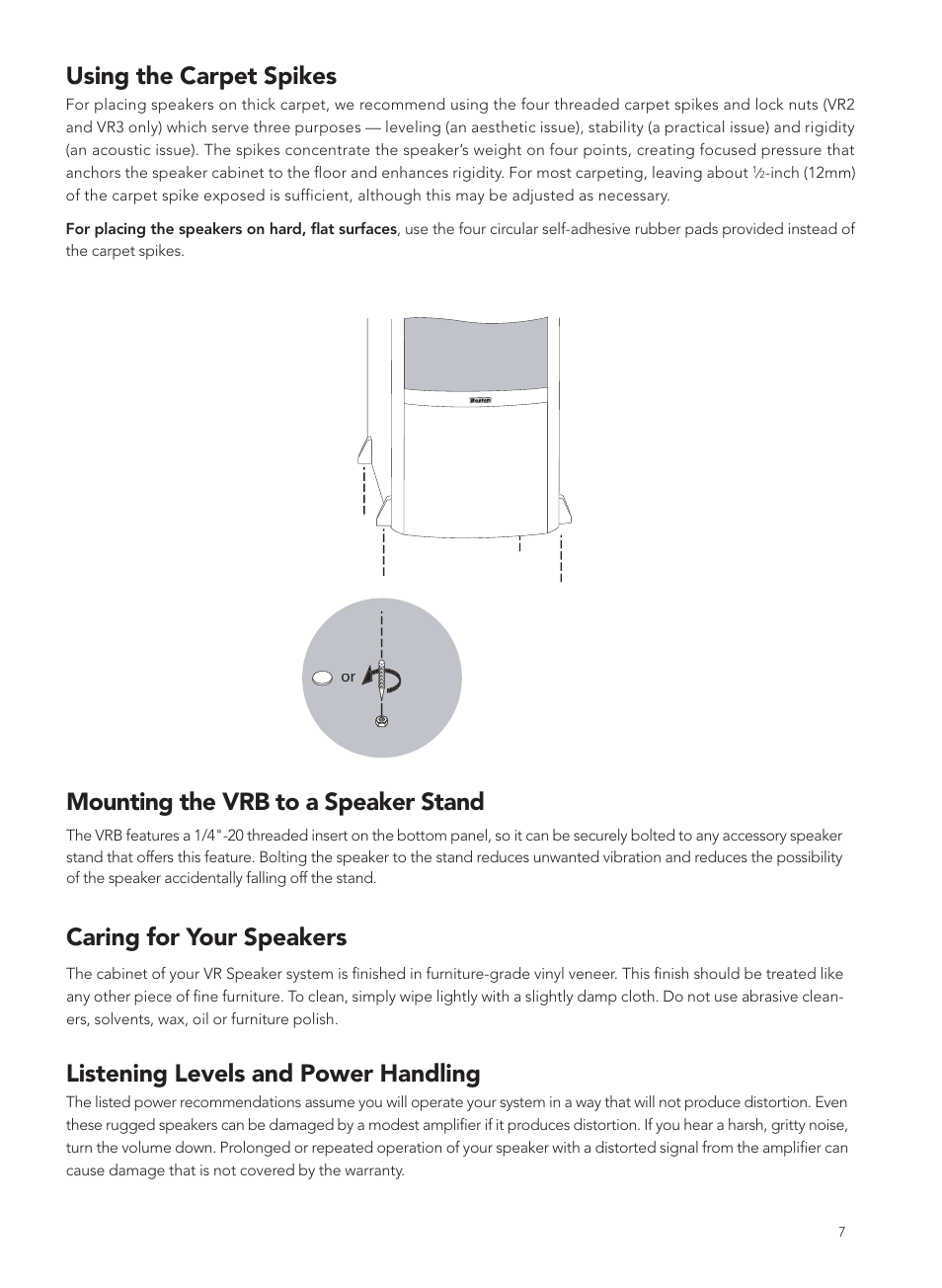 Using the carpet spikes, Mounting the vrb to a speaker stand, Caring for your speakers | Listening levels and power handling | Boston Acoustics VRC User Manual | Page 7 / 8