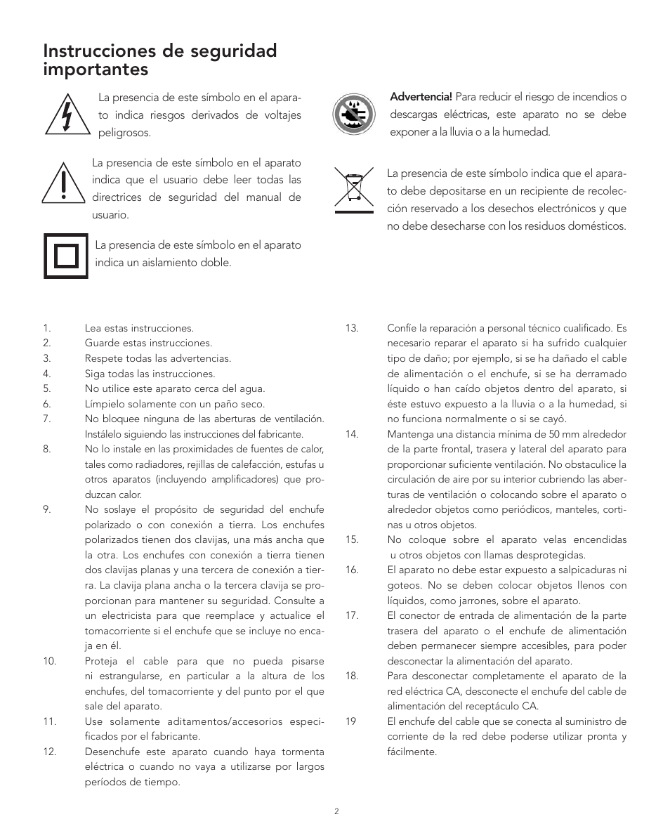 Instrucciones de seguridad importantes | Boston Acoustics XB6 User Manual | Page 10 / 24