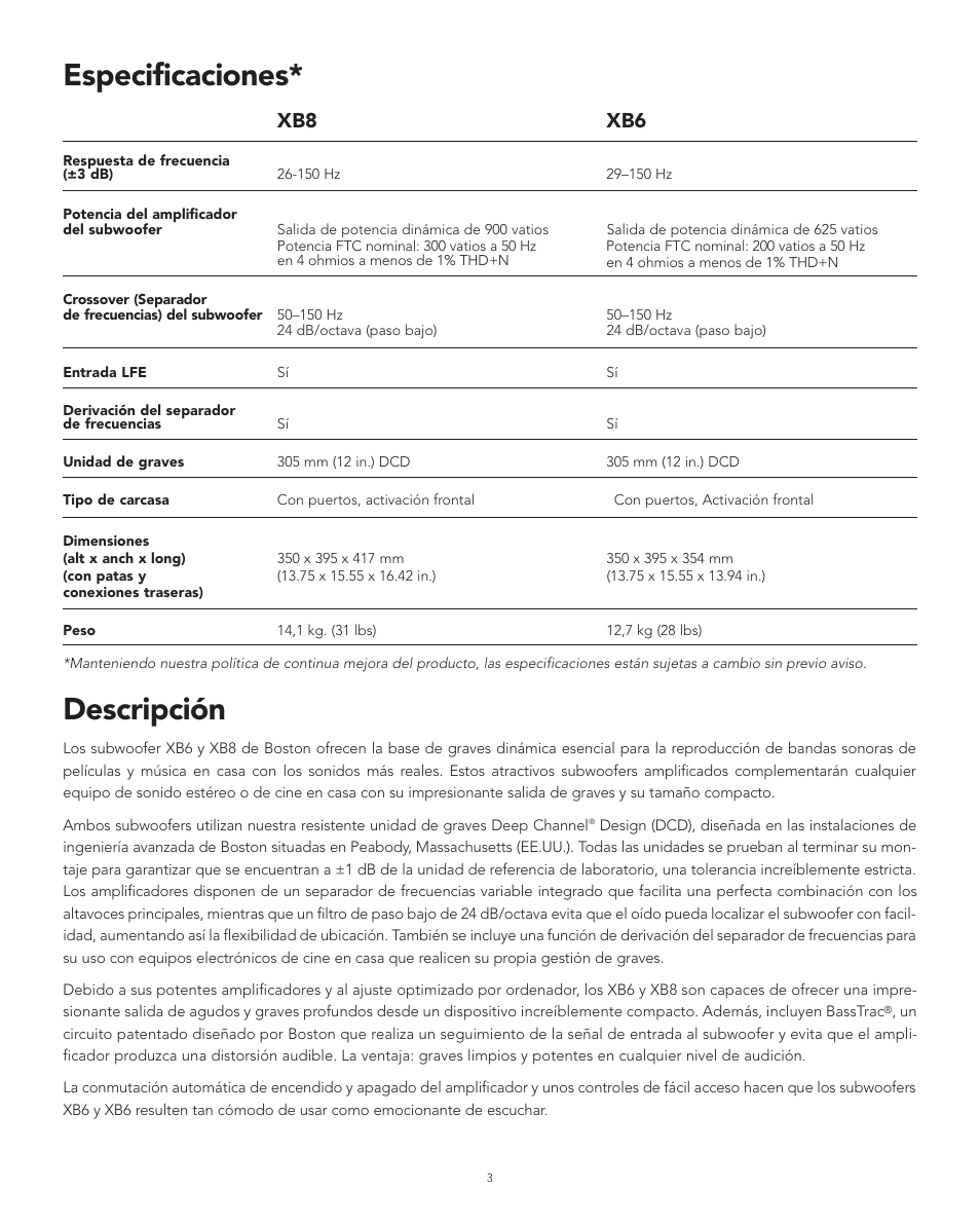 Descripción, Especificaciones, Xb8 xb6 | Boston Acoustics XB6 User Manual | Page 11 / 24