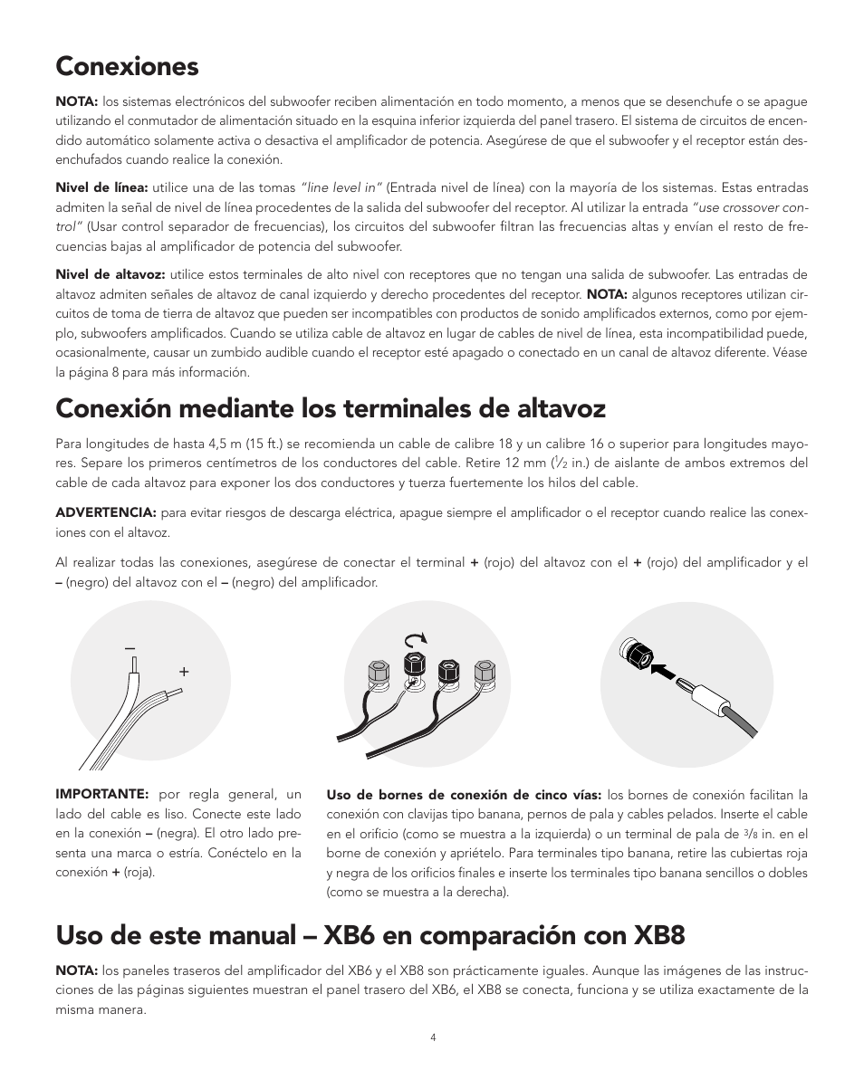 Conexiones, Conexión mediante los terminales de altavoz, Uso de este manual – xb6 en comparación con xb8 | Boston Acoustics XB6 User Manual | Page 12 / 24