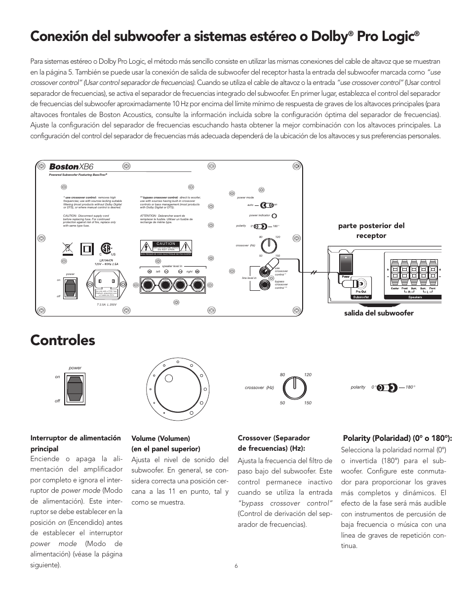 Controles, Conexión del subwoofer a sistemas estéreo o dolby, Pro logic | Polarity (polaridad) (0° o 180°) | Boston Acoustics XB6 User Manual | Page 14 / 24